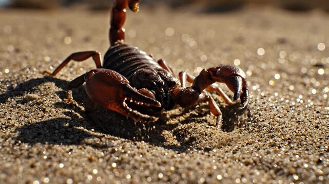 Close-up detail of a dangerous desert scorpion with prominent claws and stinger walking across sandy terrain