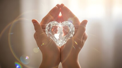 Hands holding a crystal heart with light shining through