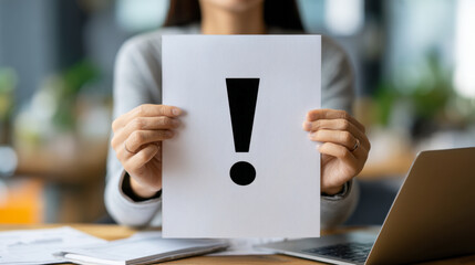 Woman holding a paper sheet with a bold exclamation mark sign conveying attention or important message during a work meeting with laptop nearby