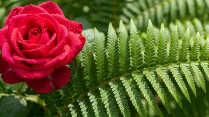 Vibrant red rose blooming amidst lush green fern foliage in garden setting