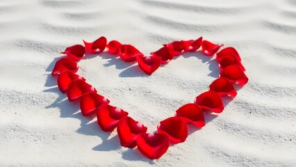 Red heart made of roses on a sandy beach for love and romance