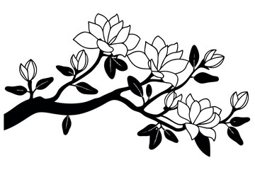 Fototapeta premium Silhouette of a blooming magnolia tree branch with flowers and leaves