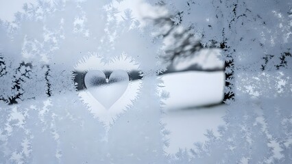 Snowy landscape through icy windowpane on a frosty morning