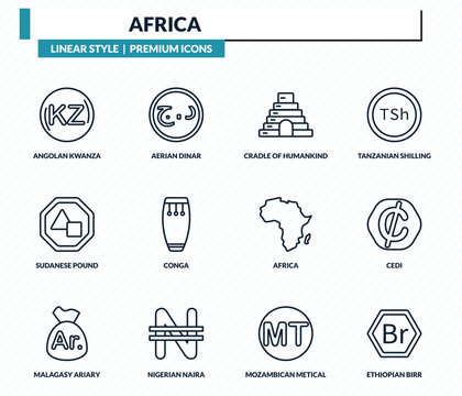africa icons set - angolan kwanza, aerian dinar, cradle of humankind, cedi, ethiopian birr outline vector collection.