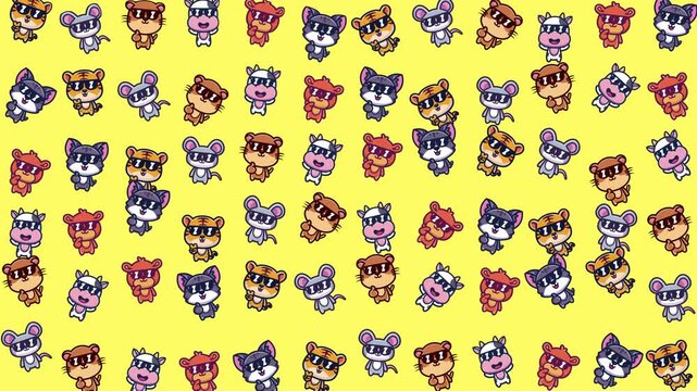 Pattern featuring cute cartoon characters of tigers, mice, and hippos. Perfect for childrens clothing, bedding, stationery, and accessories designs.