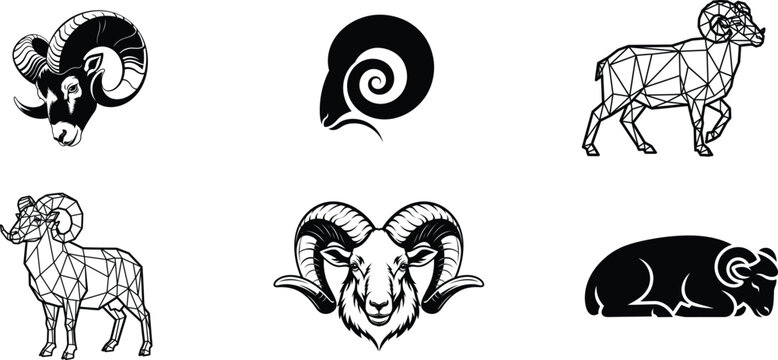 Black and white illustrations of rams and a zodiac symbol