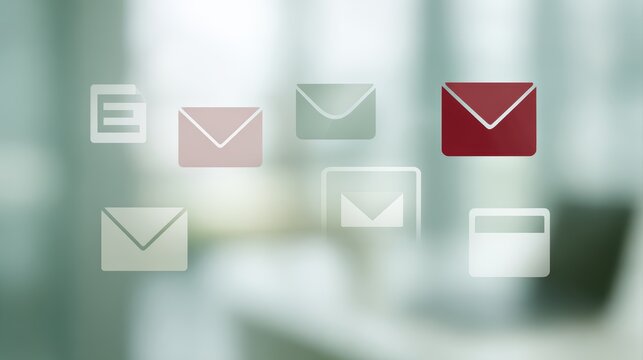 Business communication icons email intranet town hall floating over workspace