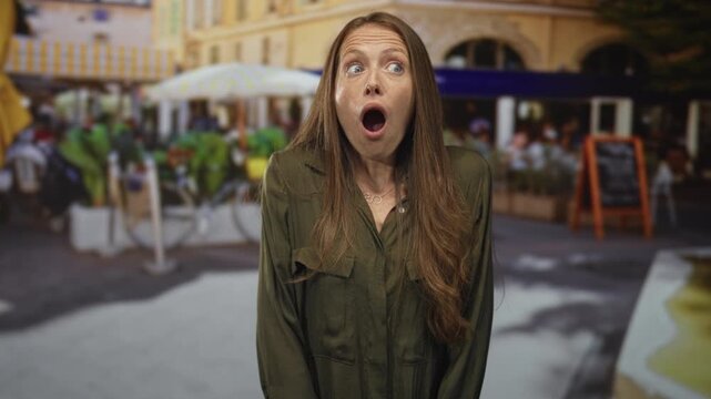 Young woman with open mouth gasping on a busy street cafe near sidewalk tables and umbrellas, facing camera with wide eyes; surprise.