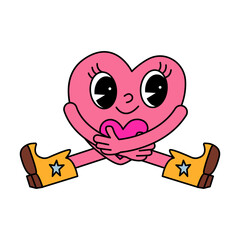 Fototapeta premium Cute pink groovy heart hugging illustration