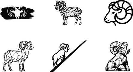 Obraz premium Black and white illustrations of rams and ram heads in various styles and poses