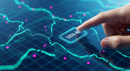 Finger interacts with digital interface showing teal data points and lines, pressing a "GEN-AI" button, symbolizing artificial intelligence interaction and technological advancement