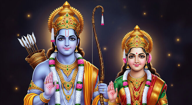 Hindu religious god Rama or Ram with goddess Sita for religious, story of Ramayana, Hindu festival Ram navmi, 