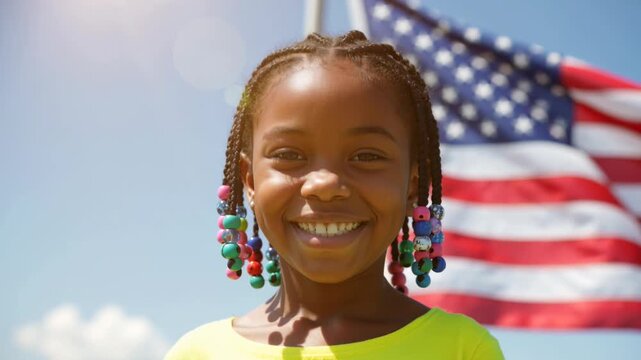 Smiling young African American girl in front of waving American flag. Patriotic child with braided hair and colorful beads. Diversity and American identity concept