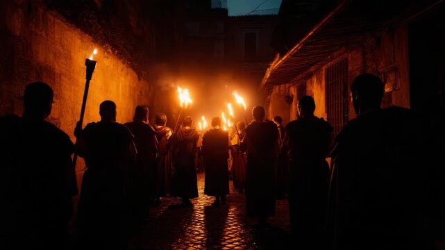 Group of cloaked figures holding torches walking through a narrow street at night, realistic style, dark old city background, concept of ritual