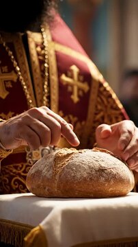 Priest offering bread in religious ceremony
