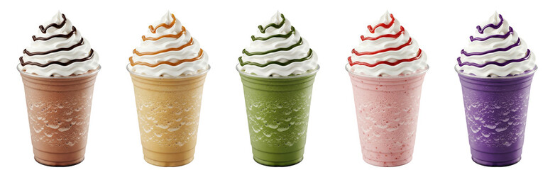 trendy frappe with whipped cream: chocolate, caramel, matcha, strawberry, ube