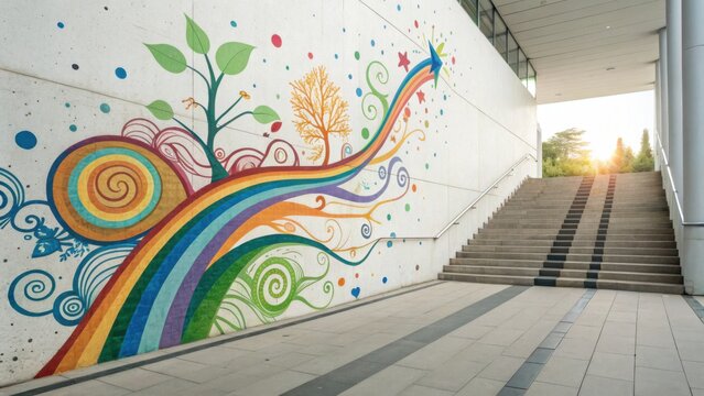 A vibrant mural featuring colorful swirls, leaves, and a rainbow, enhancing a modern stairwell with artistic flair.