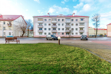 Typical five-story residential building in a quiet European neighborhood