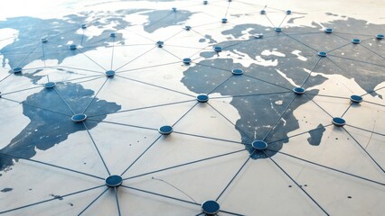 A stylized world map connected by a network of dots and lines, symbolizing global connectivity and data exchange.