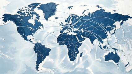 A stylized world map showcasing global connections with lines representing various trade routes and communications between continents.