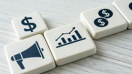 A collection of tiles featuring financial symbols, including dollar signs and a growth chart, representing business and marketing concepts.