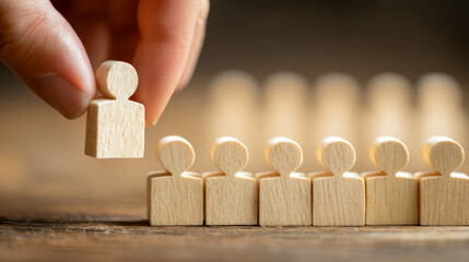 Person selecting a wooden figure from a lineup of identical figures representing recruitment or human resource management and decision-making process concept