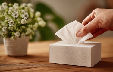 On a wooden table beside a colorful plant, a close-up shows a hand removing a tissue from a white box. Soft lighting produces a serene, ordinary scene.