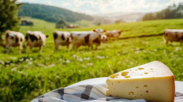 Piece of swiss cheese on checkered cloth with cows grazing in green field background. Concept of farm product, organic dairy and agriculture.