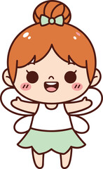 Obraz premium Cute Chibi Fairy Girl Vector Illustration with Orange Hair and Green Skirt Isolated on White Background for Kids Design Magic Fantasy and Whimsical Projects