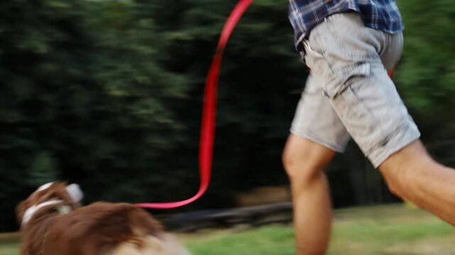 Young man running with an Australian Shepherd on a leash along a park path. Active outdoor lifestyle scene with motion, energy, companionship and healthy daily routine