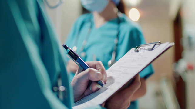 Close up of nurse writing on medical form on clipboard in hospital corridor. Concept of healthcare, medical, documentation and professional.
