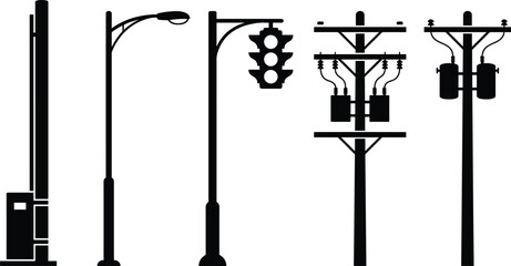 street light and utility pole silhouettes illustration, traffic signal and power infrastructure set, urban black vector isolated