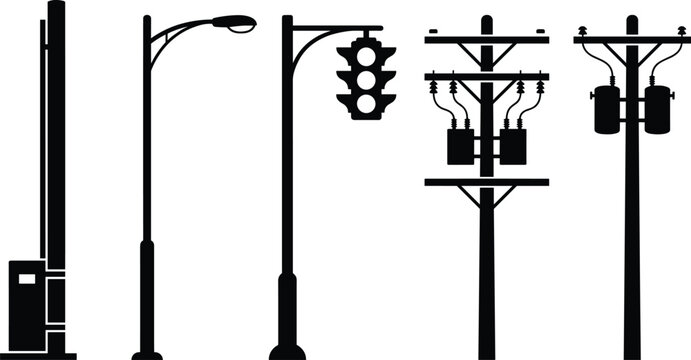street light and utility pole silhouettes illustration, traffic signal and power infrastructure set, urban black vector isolated