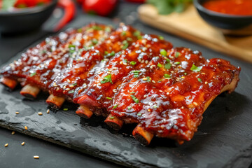 Close-up of juicy fresh grilled glazed pork ribs on black slate board with ketchup and spices