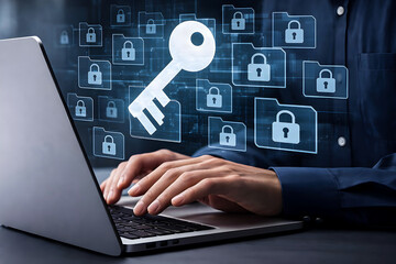 Obraz premium Person typing on laptop with digital key and locked files isolated on a transparent background