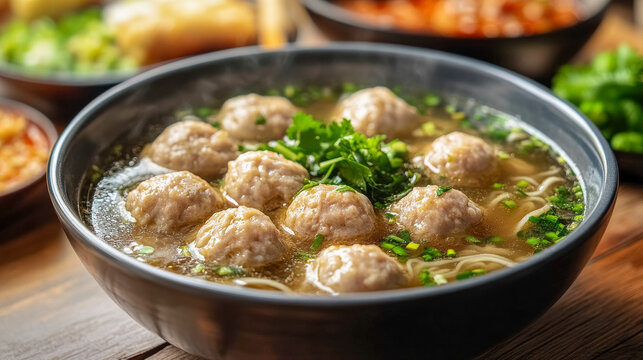 Close-up of bowl with dish bakso topped green onion and noodles served on wooden table, Indonesian soup with meatballs