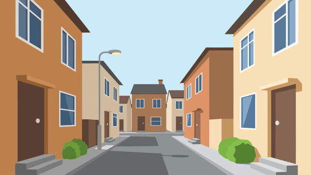 Illustration of modern houses lining a serene suburban street viewed from a straight-on perspective