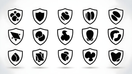 Advanced protection and filtering shield icons with various internal shapes representing specialized defense or immunity