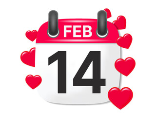 Valentine’s Day February 14 Calendar Icon with Hearts, Romantic Love Reminder Date, 3D Paper Calendar Illustration for Couples, Relationship, Wedding, Event Planning and Holiday Design