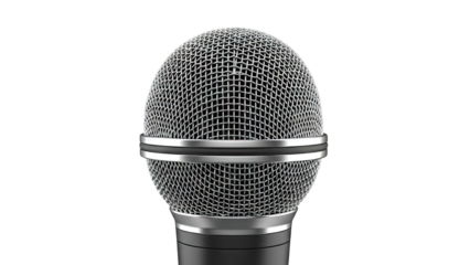 Close-up of a silver microphone grille with a white background