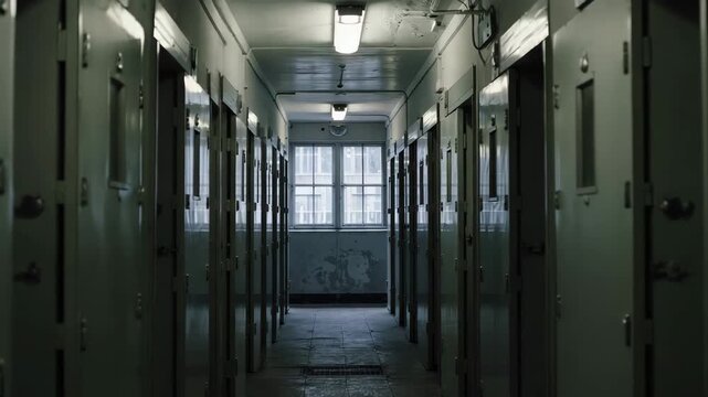 Dimly lit prison corridor with rows of metal cells and barred window