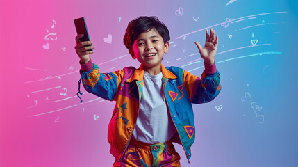 Young boy in colorful retro tracksuit holding smartphone and waving with a smile