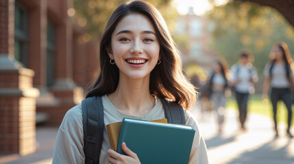 Smiling young woman with backpack and books on college campus during golden hour