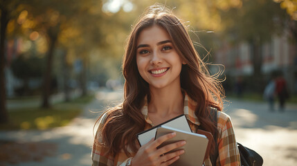 Smiling young woman with books and tablet walking on campus during autumn
