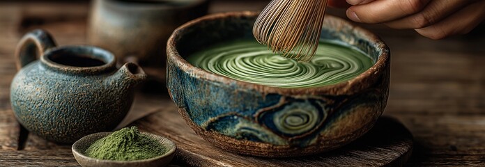 Perfectly whipped, earthy matcha tea flows in a handmade basin. Its vivid green color offers a revitalizing and nutritious experience. Zen in a cup for a time.