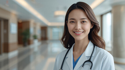 Smiling young Asian female doctor in white coat with stethoscope in hospital hallway