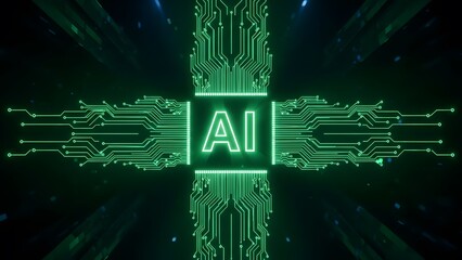 Conceptual visualization of a neural network or digital brain, featuring a glowing green AI icon in a futuristic circuit board design, symbolizing machine learn