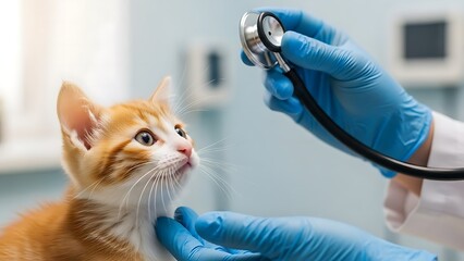 Kitten being examined by veterinarian with stethoscope
