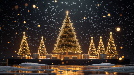 Festive Christmas trees adorned with golden lights and gifts under a snowy night sky