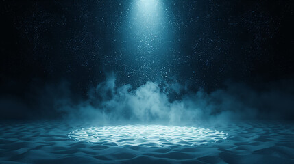 Mysterious spotlight illuminates sandy dunes under a starry night sky with swirling mist